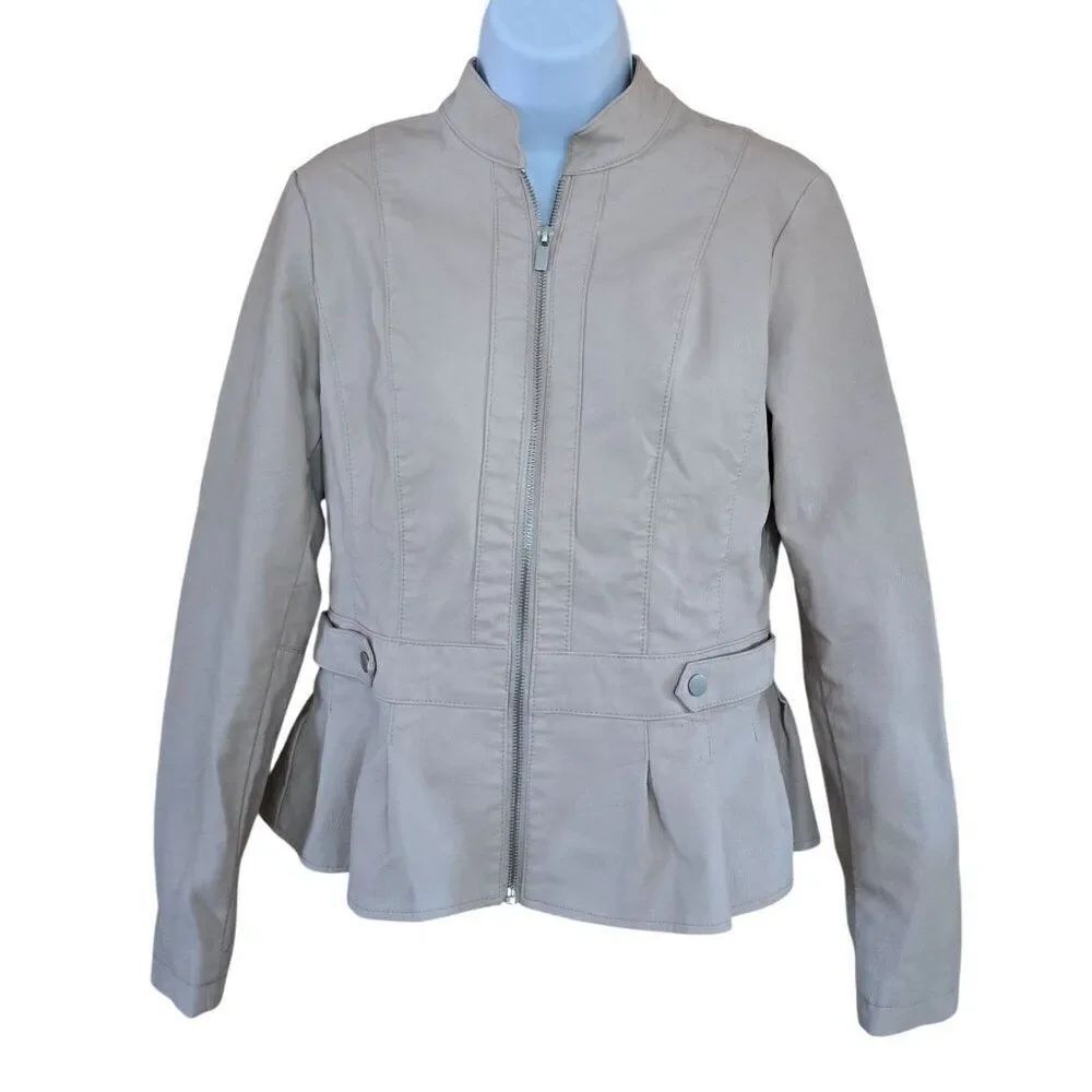 Baccini Womens Beige Peplum Jacket Zip Up Casual Chic faux leather cottagecore